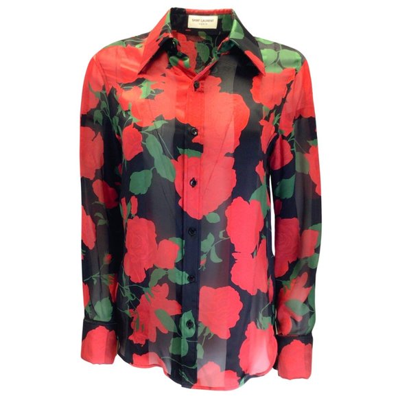 SAINT LAURENT BLACK / RED / GREEN 2022 FLORAL ROSE PRINT BUTTON-DOWN SILK SHIRT - Picture 1 of 5